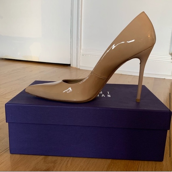 NEW Stuart Weitzman Nude Blush Patent Leather Stiletto Pointed Toe Vamp Pumps - Picture 2 of 4